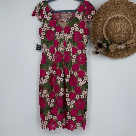 NEW XSCAPE Women's Short Sleeve‎ Floral Print Lace Sheath Dress Pink Multi 4 - Picture 8 of 16